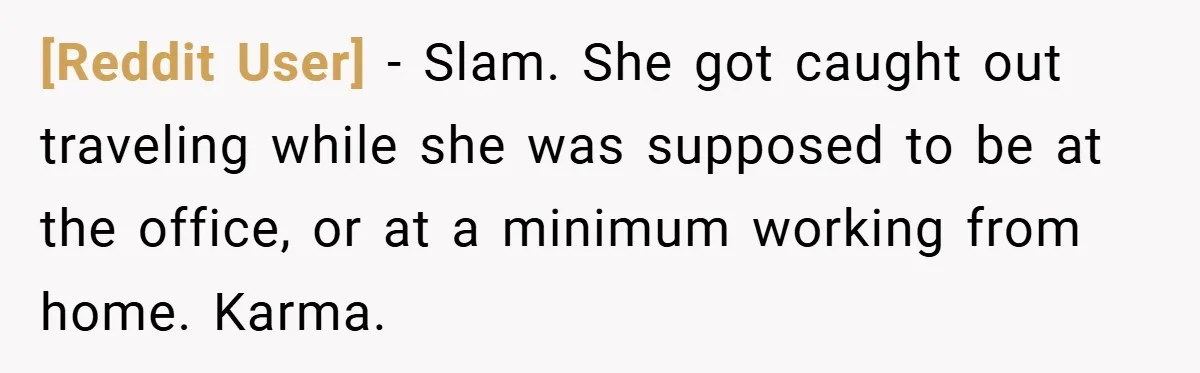 [Reddit User] − Slam. She got caught out traveling while she was supposed to be at the office, or at a minimum working from home. Karma.