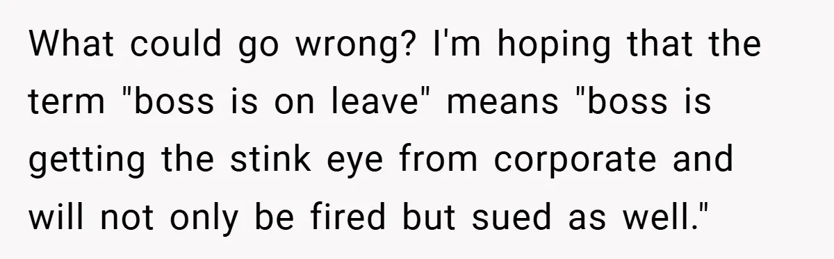 What could go wrong? I'm hoping that the term "boss is on leave" means "boss is getting the stink eye from corporate and will not only be fired but sued...