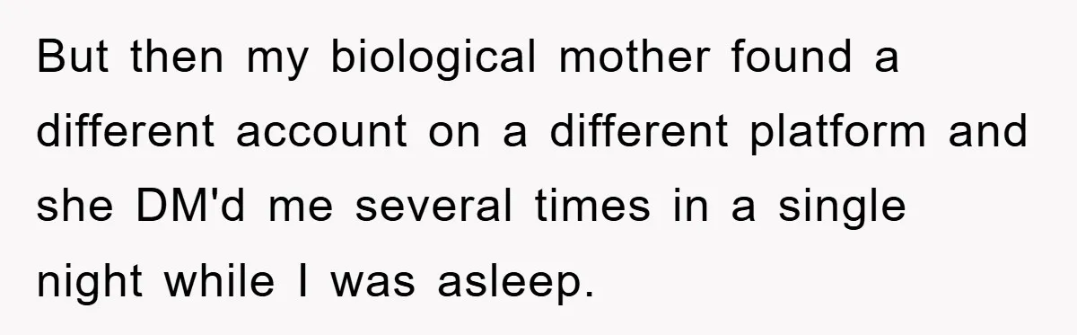 But then my biological mother found a different account on a different platform and she DM'd me several times in a single night while I was asleep.