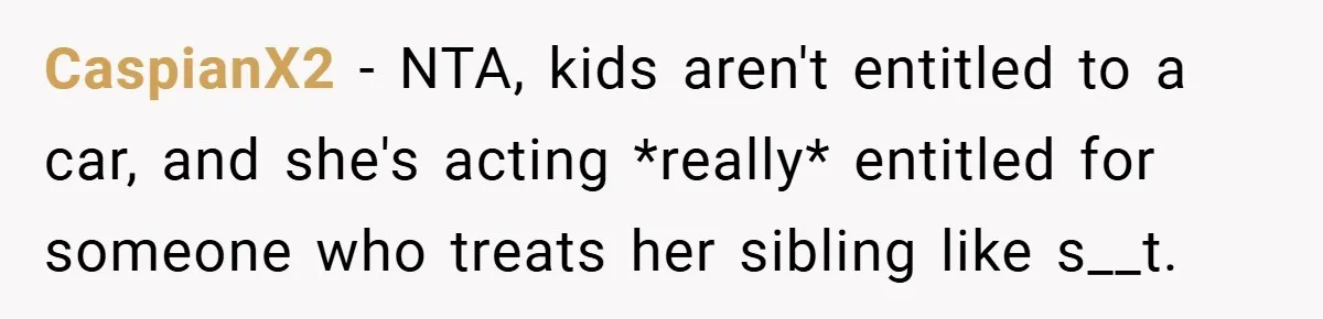 CaspianX2 − NTA, kids aren't entitled to a car, and she's acting *really* entitled for someone who treats her sibling like s__t.
