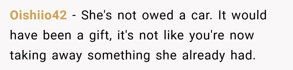 Oishiio42 − She's not owed a car. It would have been a gift, it's not like you're now taking away something she already had.