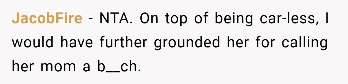 JacobFire − NTA. On top of being car-less, I would have further grounded her for calling her mom a b__ch.