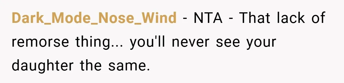 Dark_Mode_Nose_Wind − NTA - That lack of remorse thing... you'll never see your daughter the same.