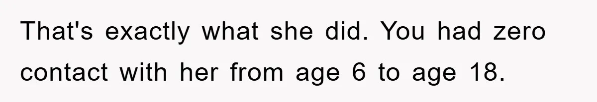 That's exactly what she did. You had zero contact with her from age 6 to age 18.