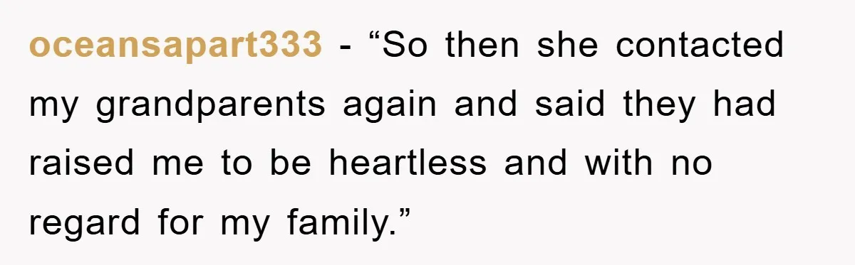 oceansapart333 − “So then she contacted my grandparents again and said they had raised me to be heartless and with no regard for my family.”