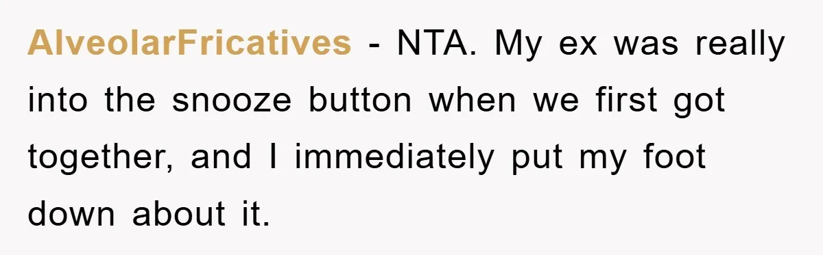 AlveolarFricatives − NTA. My ex was really into the snooze button when we first got together, and I immediately put my foot down about it.