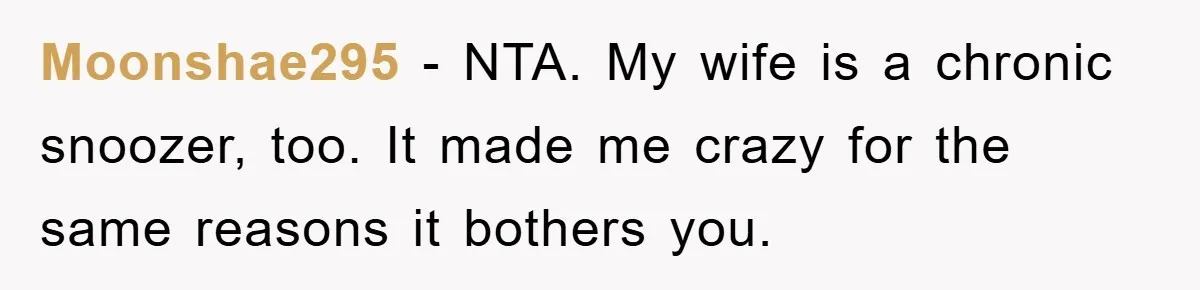 Moonshae295 − NTA. My wife is a chronic snoozer, too. It made me crazy for the same reasons it bothers you.
