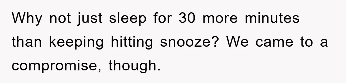 Why not just sleep for 30 more minutes than keeping hitting snooze? We came to a compromise, though.