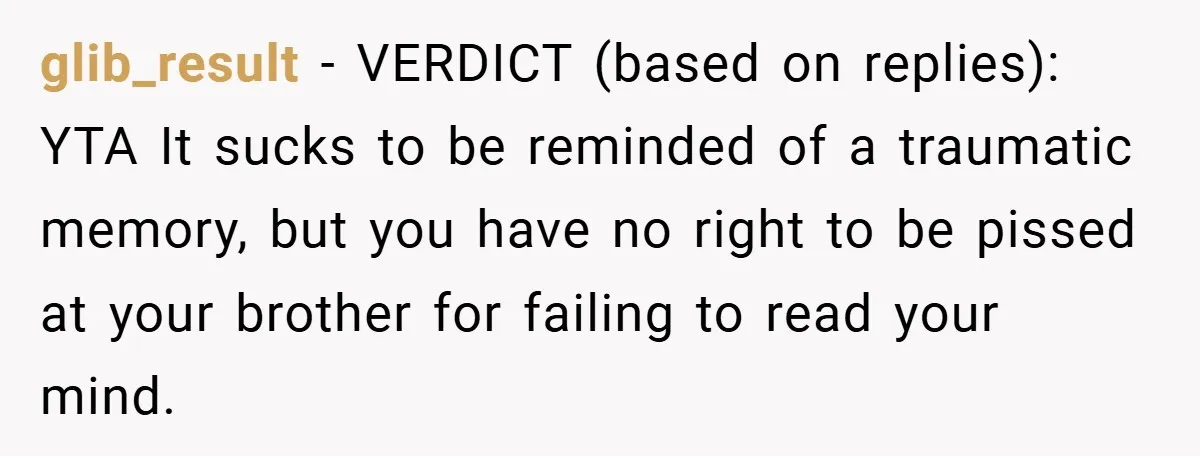 A Woman Tells Her Brother His Birth Was the Worst Day of Her Life and the Family Is Stunned glib_result − VERDICT (based on replies): YTA It sucks to be reminded of a traumatic memory, but you have no right to be pissed at your brother for failing to...