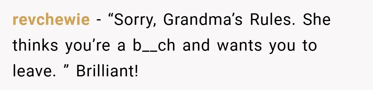 revchewie − “Sorry, Grandma’s Rules. She thinks you’re a b__ch and wants you to leave. ” Brilliant!