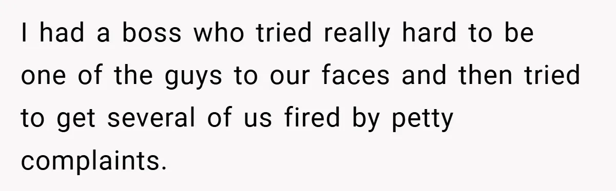 I had a boss who tried really hard to be one of the guys to our faces and then tried to get several of us fired by petty complaints.