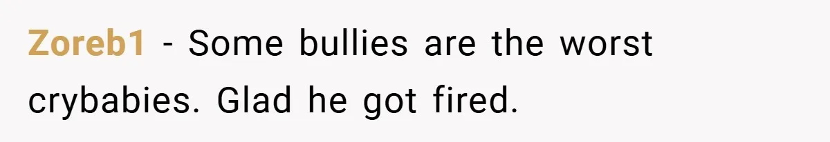 Zoreb1 − Some bullies are the worst crybabies. Glad he got fired.