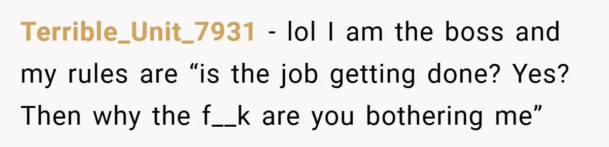 Terrible_Unit_7931 − lol I am the boss and my rules are “is the job getting done? Yes? Then why the f__k are you bothering me”