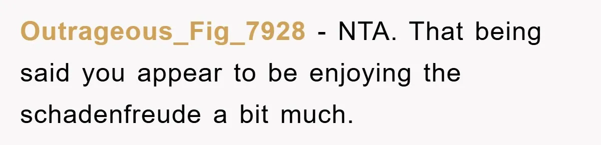 Outrageous_Fig_7928 − NTA. That being said you appear to be enjoying the schadenfreude a bit much.