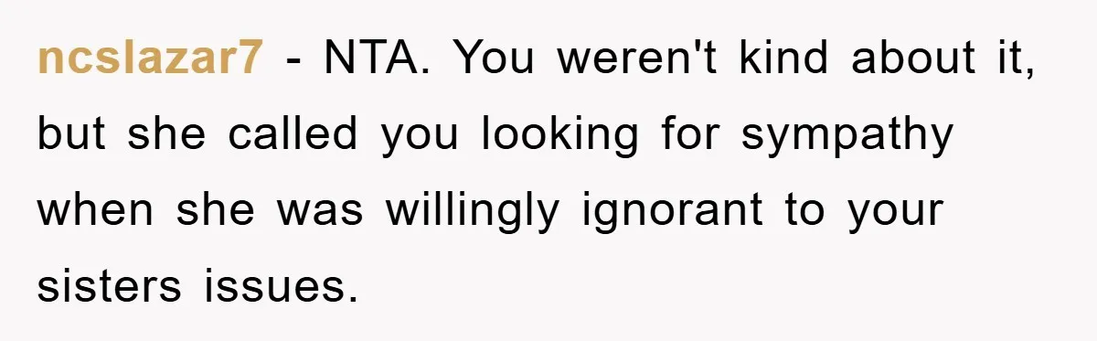 ncslazar7 − NTA. You weren't kind about it, but she called you looking for sympathy when she was willingly ignorant to your sisters issues.