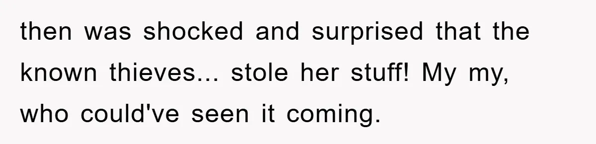 then was shocked and surprised that the known thieves... stole her stuff! My my, who could've seen it coming.