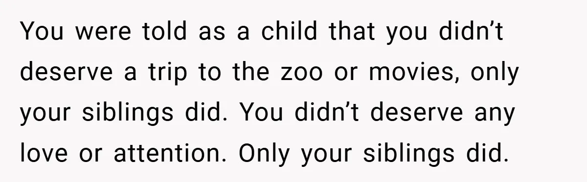 You were told as a child that you didn’t deserve a trip to the zoo or movies, only your siblings did. You didn’t deserve any love or attention. Only your...