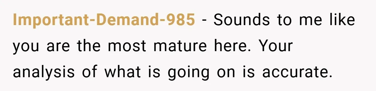 Important-Demand-985 − Sounds to me like you are the most mature here. Your analysis of what is going on is accurate.