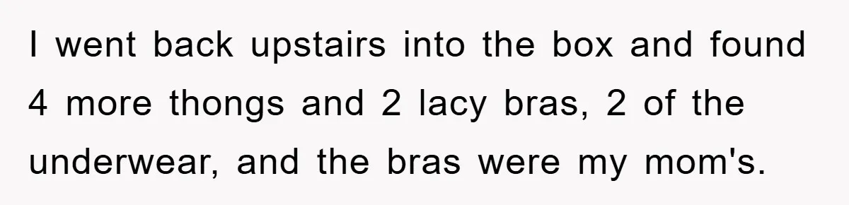 I went back upstairs into the box and found 4 more thongs and 2 lacy bras, 2 of the underwear, and the bras were my mom's.
