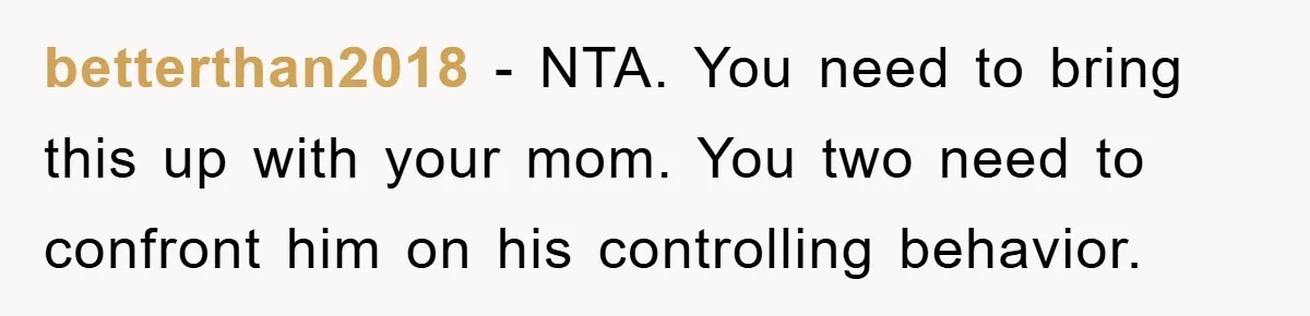 betterthan2018 − NTA. You need to bring this up with your mom. You two need to confront him on his controlling behavior.