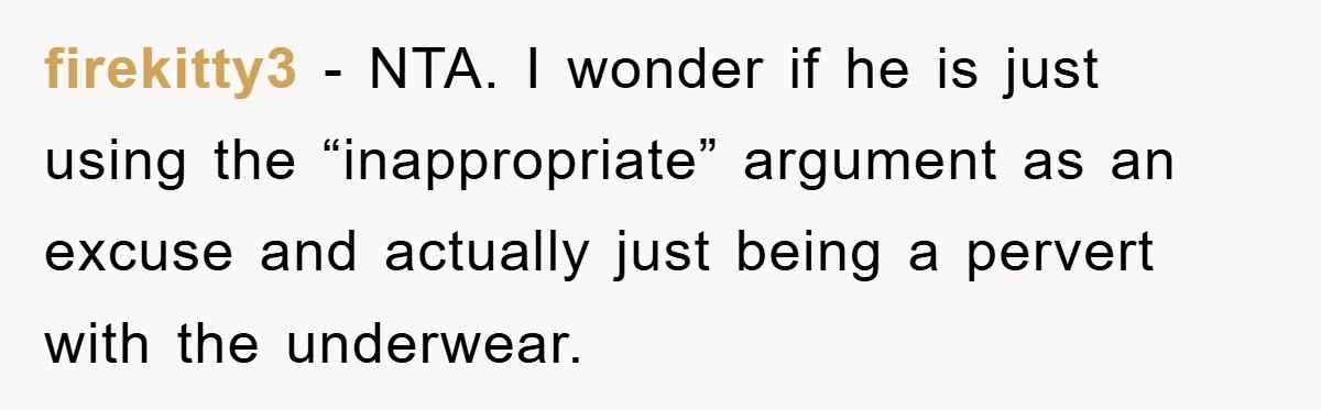 firekitty3 − NTA. I wonder if he is just using the “inappropriate” argument as an excuse and actually just being a pervert with the underwear.
