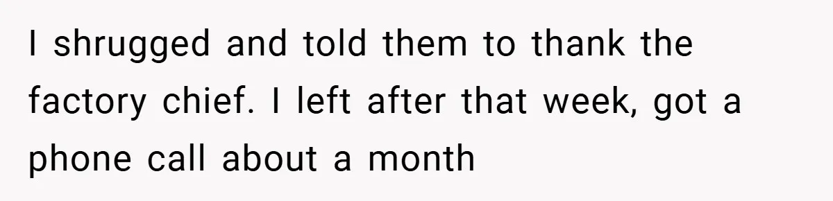 I shrugged and told them to thank the factory chief. I left after that week, got a phone call about a month