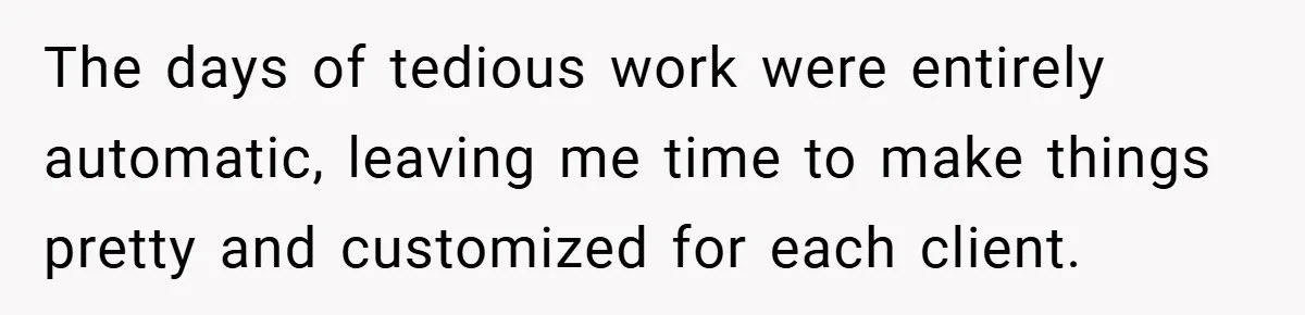 The days of tedious work were entirely automatic, leaving me time to make things pretty and customized for each client.