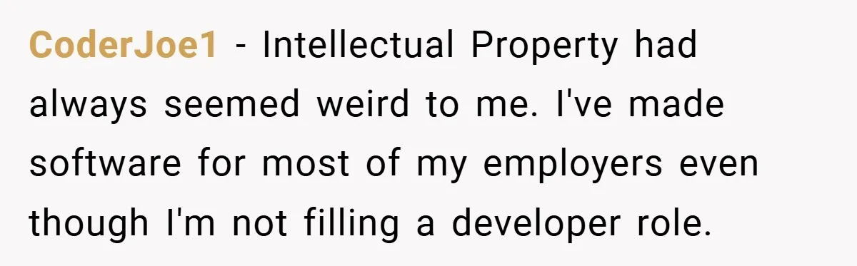 CoderJoe1 − Intellectual Property had always seemed weird to me. I've made software for most of my employers even though I'm not filling a developer role.