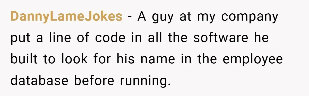 DannyLameJokes − A guy at my company put a line of code in all the software he built to look for his name in the employee database before running.