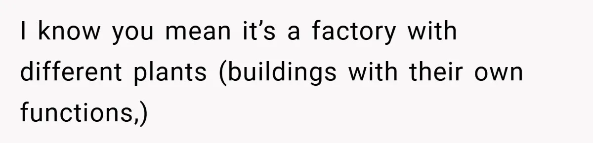 I know you mean it’s a factory with different plants (buildings with their own functions,)