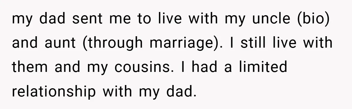 my dad sent me to live with my uncle (bio) and aunt (through marriage). I still live with them and my cousins. I had a limited relationship with my dad.