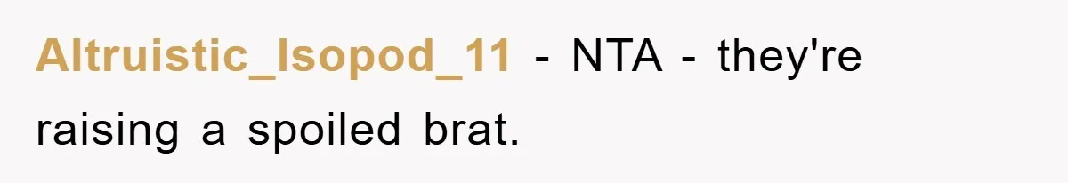 Altruistic_Isopod_11 − NTA - they're raising a spoiled brat.