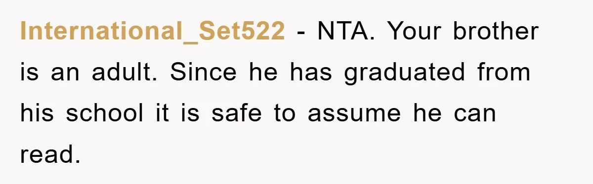 International_Set522 − NTA. Your brother is an adult. Since he has graduated from his school it is safe to assume he can read.