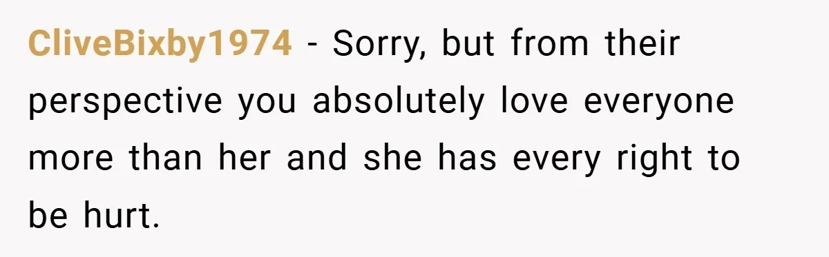 CliveBixby1974 − Sorry, but from their perspective you absolutely love everyone more than her and she has every right to be hurt.