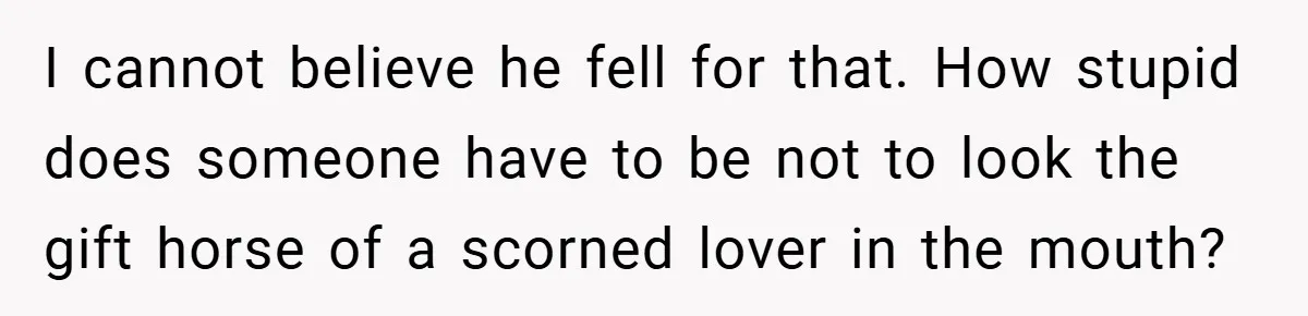 I cannot believe he fell for that. How stupid does someone have to be not to look the gift horse of a scorned lover in the mouth?