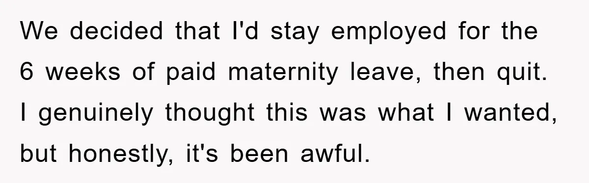 Mom Tries To Return To Work After Maternity Leave, Husband Treats It Like Divorce Papers We decided that I'd stay employed for the 6 weeks of paid maternity leave, then quit. I genuinely thought this was what I wanted, but honestly, it's been awful.