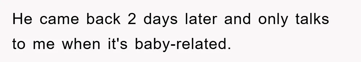 Mom Tries To Return To Work After Maternity Leave, Husband Treats It Like Divorce Papers He came back 2 days later and only talks to me when it's baby-related.