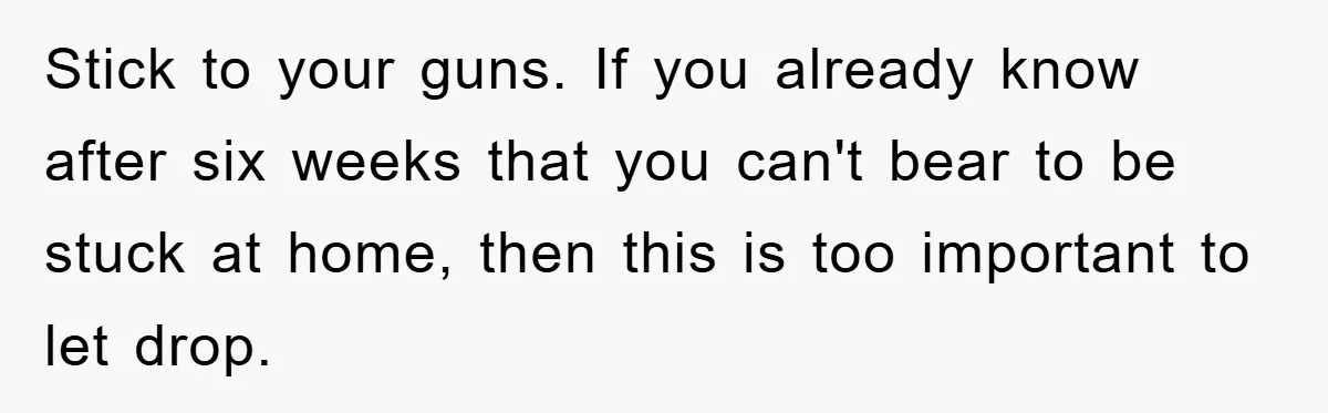 Mom Tries To Return To Work After Maternity Leave, Husband Treats It Like Divorce Papers Stick to your guns. If you already know after six weeks that you can't bear to be stuck at home, then this is too important to let drop.