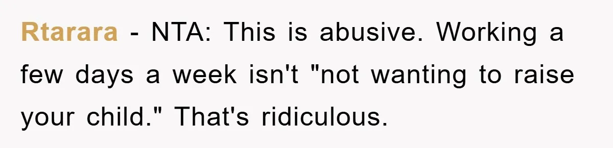 Mom Tries To Return To Work After Maternity Leave, Husband Treats It Like Divorce Papers Rtarara − NTA: This is abusive. Working a few days a week isn't "not wanting to raise your child." That's ridiculous.