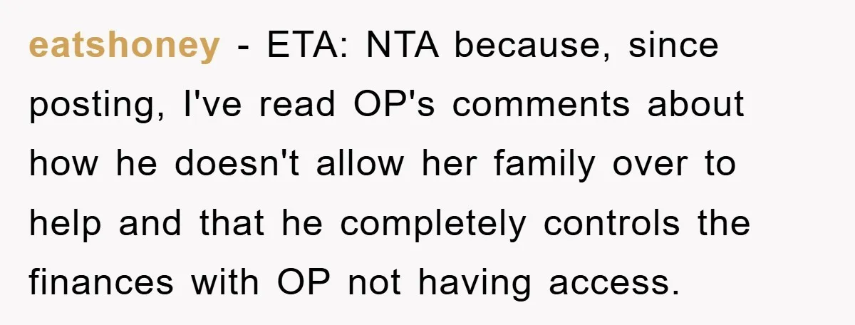 Mom Tries To Return To Work After Maternity Leave, Husband Treats It Like Divorce Papers eatshoney − ETA: NTA because, since posting, I've read OP's comments about how he doesn't allow her family over to help and that he completely controls the finances with OP...