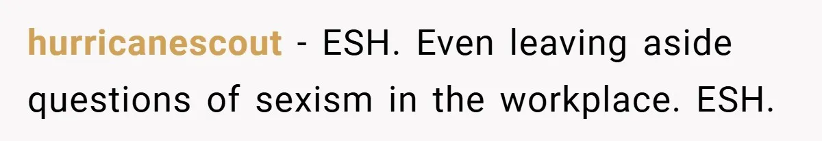 hurricanescout − ESH. Even leaving aside questions of sexism in the workplace. ESH.