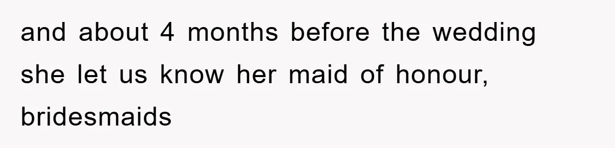 and about 4 months before the wedding she let us know her maid of honour, bridesmaids
