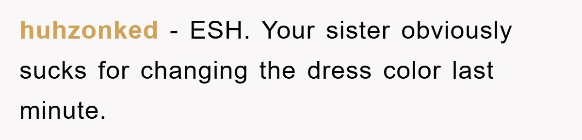 huhzonked − ESH. Your sister obviously sucks for changing the dress color last minute.