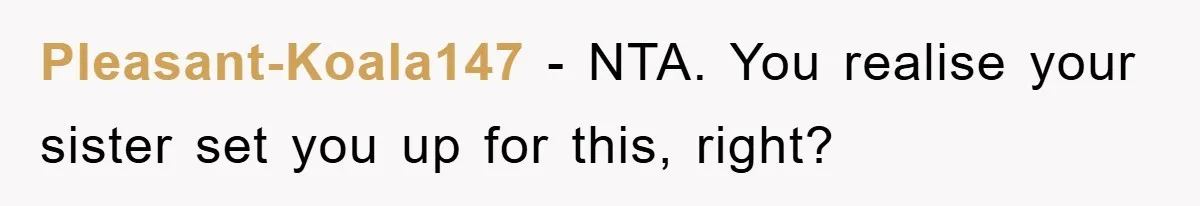 Pleasant-Koala147 − NTA. You realise your sister set you up for this, right?
