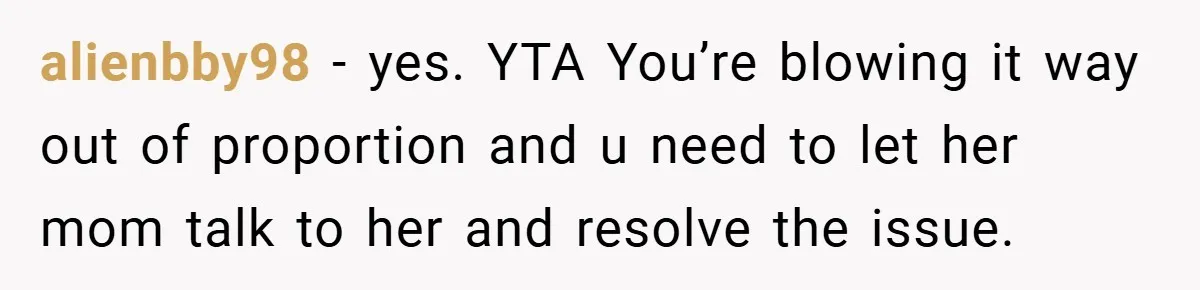 alienbby98 − yes. YTA You’re blowing it way out of proportion and u need to let her mom talk to her and resolve the issue.