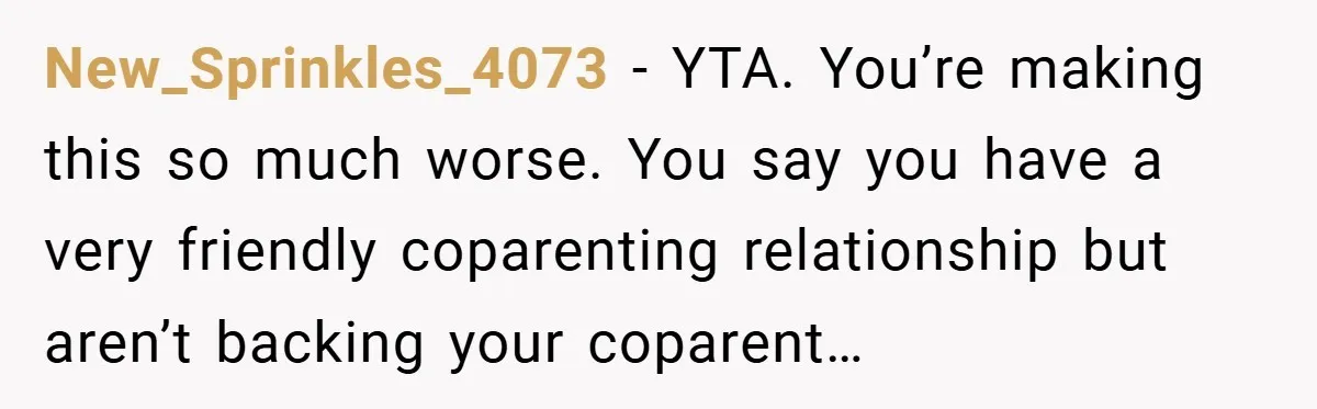New_Sprinkles_4073 − YTA. You’re making this so much worse. You say you have a very friendly coparenting relationship but aren’t backing your coparent…