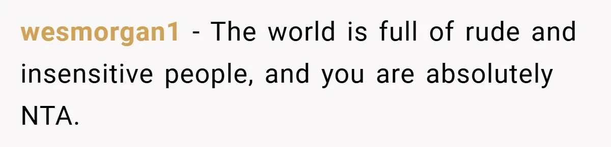wesmorgan1 − The world is full of rude and insensitive people, and you are absolutely NTA.