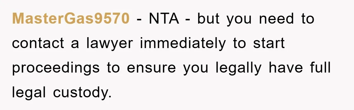 MasterGas9570 − NTA - but you need to contact a lawyer immediately to start proceedings to ensure you legally have full legal custody.