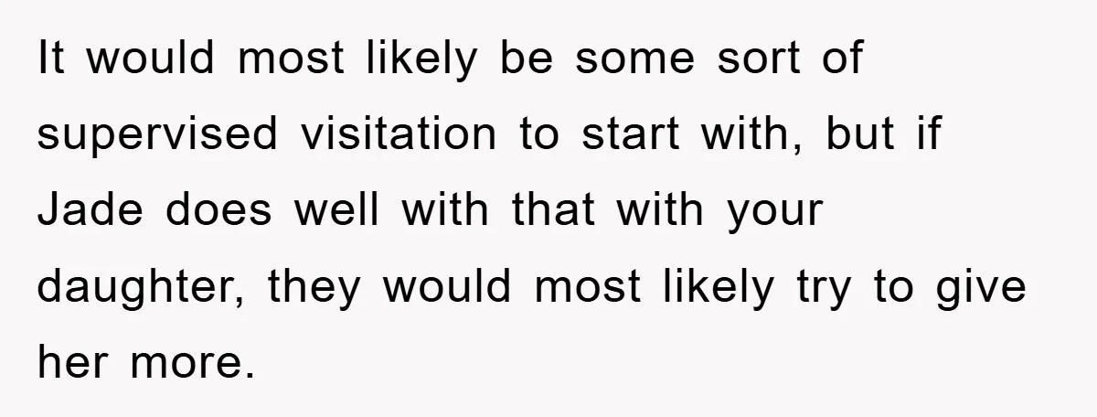 It would most likely be some sort of supervised visitation to start with, but if Jade does well with that with your daughter, they would most likely try to give...