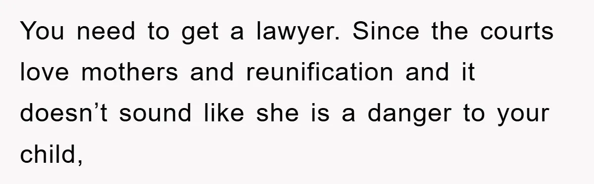 You need to get a lawyer. Since the courts love mothers and reunification and it doesn’t sound like she is a danger to your child,